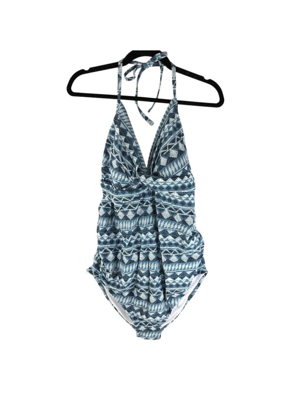 Isabel Maternity One Piece Swimsuit Halter Geometric Molded Cups Teal Blue XXL